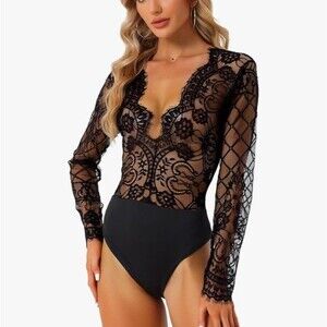 NWT Allegra K Lace Long Sleeve Snap Bottom Body Suit Size Medium